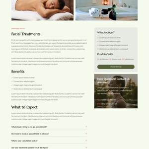 May include: Website page for Selina Spa & Wellness, showcasing spa treatments. Includes text about facial treatments, benefits, and what to expect. Contact details and social media links are also provided.