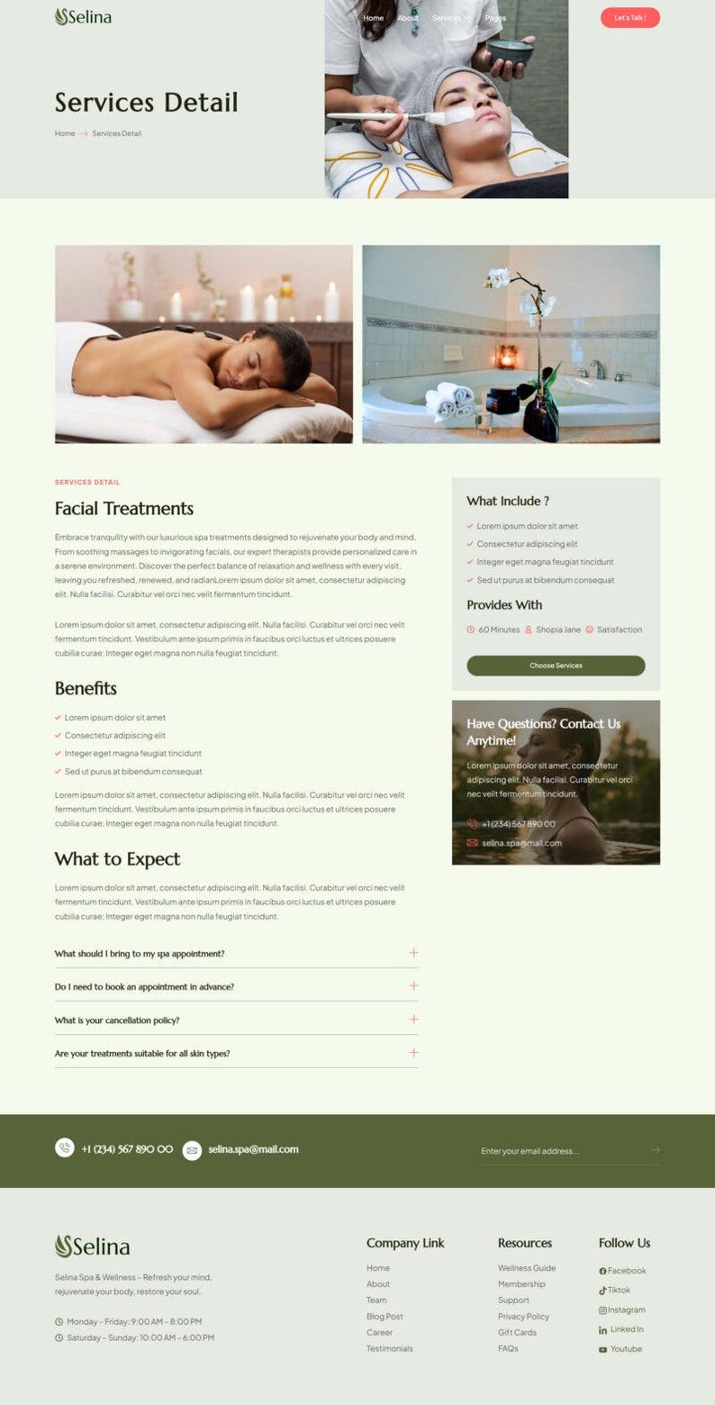 May include: Website page for Selina Spa & Wellness, showcasing spa treatments. Includes text about facial treatments, benefits, and what to expect. Contact details and social media links are also provided.