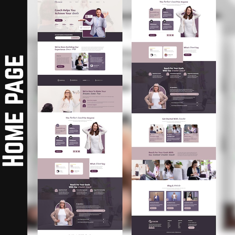 May include: A website homepage design with a clean, modern aesthetic. The layout features sections with text, images of people, and purple and white color scheme. The text includes phrases like "Coach Helps You Achieve Your Goals" and "Reach For Your Goals".