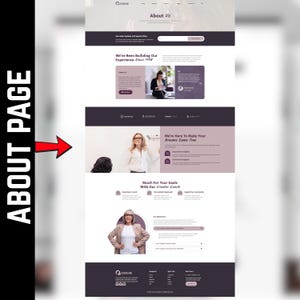 May include: A website page titled "About Us" with sections detailing experience since 1998 and a mission to help achieve goals. The page features images of people and text blocks with purple accents.