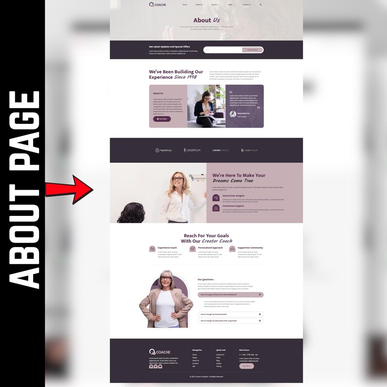May include: A website page titled "About Us" with sections detailing experience since 1998 and a mission to help achieve goals. The page features images of people and text blocks with purple accents.