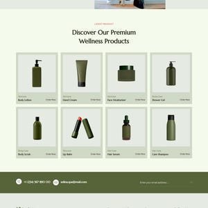 May include: A website displaying premium wellness products. The range includes body lotion, hand cream, face moisturiser, shower gel, body scrub, lip balm, hair serum, and care shampoo, all in olive green packaging.