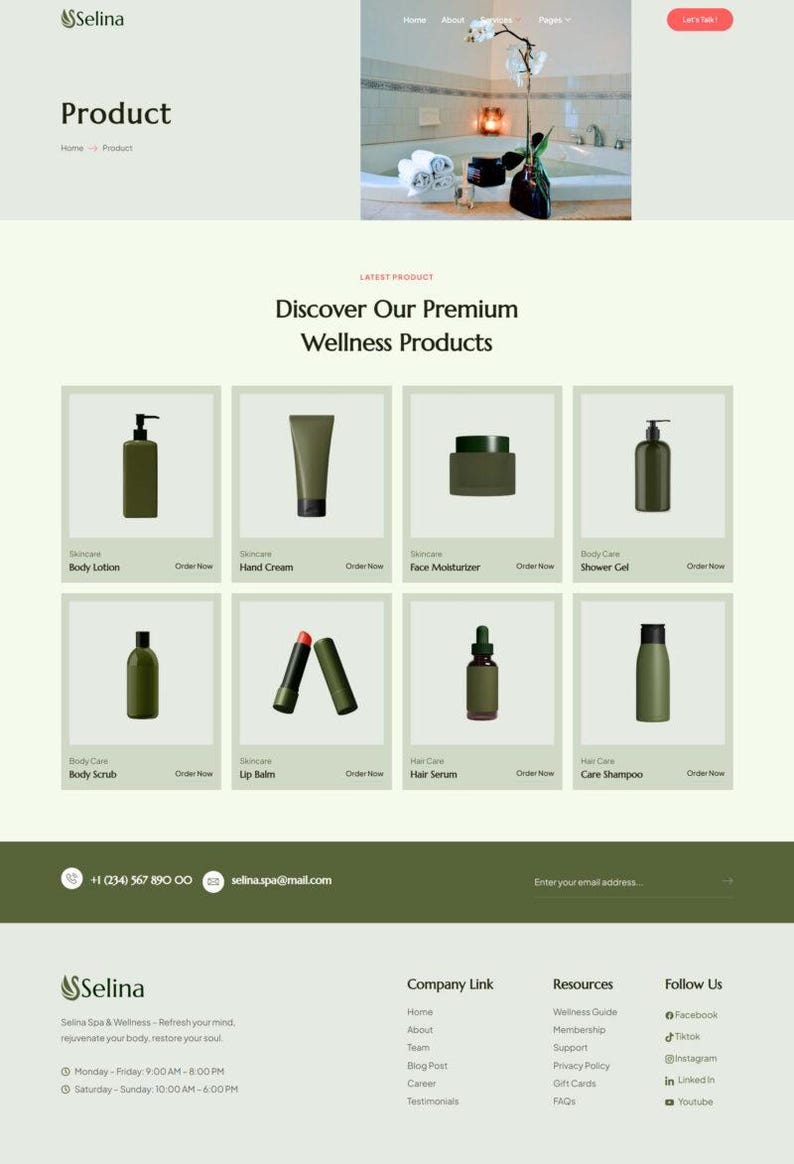 May include: A website displaying premium wellness products. The range includes body lotion, hand cream, face moisturiser, shower gel, body scrub, lip balm, hair serum, and care shampoo, all in olive green packaging.