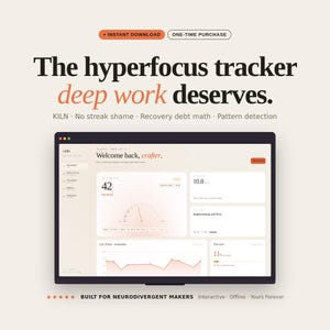 Könnte beinhalten: Werbung für ein digitales Produkt mit einem Laptop-Bildschirm, der ein Produktivität-Dashboard anzeigt. Der Text lautet: "The hyperfocus tracker deep work deserves."