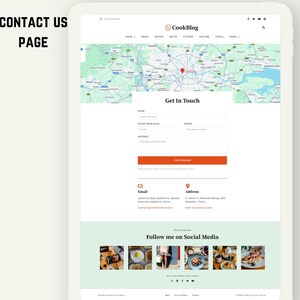 Peut inclure: Une tablette num&eacute;rique affichant une page de contact de site web. La page pr&eacute;sente une carte, des champs de formulaire de contact pour le nom, l'e-mail et le t&eacute;l&eacute;phone, et un bouton "Envoyer le message". En dessous, les coordonn&eacute;es et les liens vers les r&eacute;seaux sociaux.