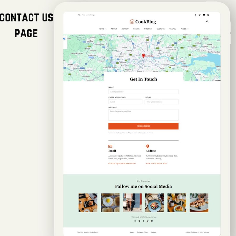 Peut inclure: Une tablette num&eacute;rique affichant une page de contact de site web. La page pr&eacute;sente une carte, des champs de formulaire de contact pour le nom, l'e-mail et le t&eacute;l&eacute;phone, et un bouton "Envoyer le message". En dessous, les coordonn&eacute;es et les liens vers les r&eacute;seaux sociaux.
