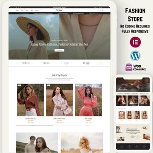 May include: A digital mockup of a fashion store website and mobile app. The website features images of clothing and the text "Rising Above Patterns, Fashion Outside The Box." The mobile app displays lingerie. Text includes "Fashion Store" and "No Coding Required."