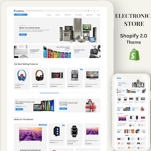 Può includere: Un mockup digitale di un sito web di e-commerce per un negozio di elettronica, che mostra vari prodotti come cuffie, microonde e televisori. Il sito è visualizzato su un tablet e uno smartphone, con il testo "ELECTRONIC STORE Shopify 2.0 Theme".