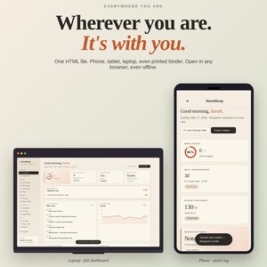 May include: A laptop and smartphone display the same health app interface. The laptop shows a full dashboard with charts and data, while the phone displays a quick log. The app's interface is clean with a light color scheme and the text "Wherever you are. It's with you."