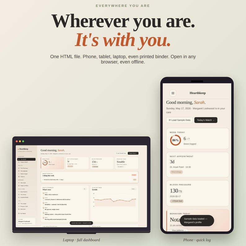 May include: A laptop and smartphone display the same health app interface. The laptop shows a full dashboard with charts and data, while the phone displays a quick log. The app's interface is clean with a light color scheme and the text "Wherever you are. It's with you."