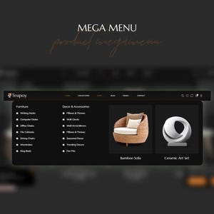 K&ouml;nnte beinhalten: Ein Website-Men&uuml; mit dem Text "MEGA MENU" und "product overview" in einer Schreibschrift. Das Men&uuml; zeigt Kategorien wie M&ouml;bel und Dekor & Accessoires mit Bildern eines Bambus-Sofas und eines Keramik-Kunstsets.