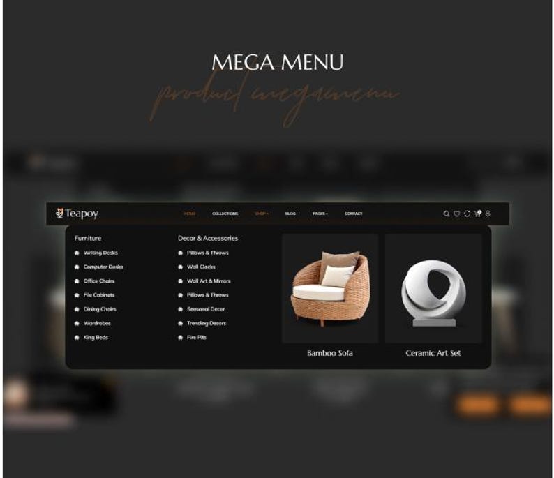 K&ouml;nnte beinhalten: Ein Website-Men&uuml; mit dem Text "MEGA MENU" und "product overview" in einer Schreibschrift. Das Men&uuml; zeigt Kategorien wie M&ouml;bel und Dekor & Accessoires mit Bildern eines Bambus-Sofas und eines Keramik-Kunstsets.
