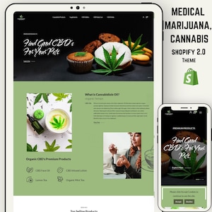 May include: A website design for a medical marijuana and cannabis Shopify 2.0 theme. The design features a green and black color scheme, with images of CBD products, including baked goods and beverages. The text reads "Find Good CBD's For Your Pets."