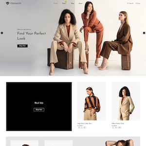 May include: Website homepage featuring three models in stylish suits. The first model is in a tan suit, the second in a rust-colored suit, and the third in a brown suit. The website's text reads "Find Your Perfect Look" and "Shop Now."