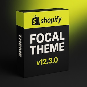 May include: A black box with a lime green top section featuring the Shopify logo and the word "shopify". The box displays "FOCAL THEME" in large white letters and "v12.3.0" in lime green.