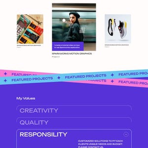 May include: Website design featuring a graphic designer's portfolio. The site has a purple and white color scheme, showcasing services, client logos, and featured projects. Includes a call to action for new projects.