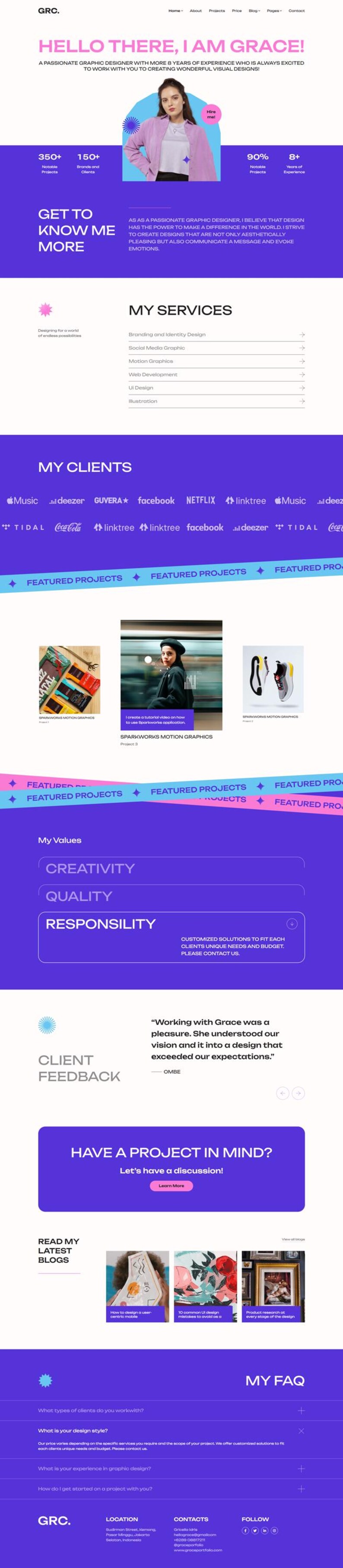 May include: Website design featuring a graphic designer's portfolio. The site has a purple and white color scheme, showcasing services, client logos, and featured projects. Includes a call to action for new projects.