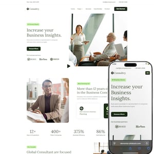 May include: A website design for a consultancy, displayed on a desktop and mobile device. The design uses a green and white colour scheme with the text "Increase your Business Insights." The site includes images of business professionals.