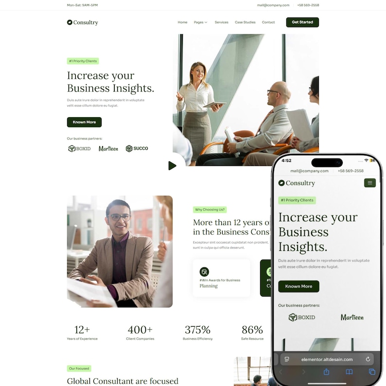A modern and responsive Business Consulting WordPress Elementor Template Kit designed for agencies, financial advisors, corporate firms, and startups. Includes ready-to-use pages like Home, About, Services, Team, Pricing, Case Studies, and Contact. Fully editable using Elementor Free with drag-and-drop customization, clean layouts, and mobile-friendly design. Perfect for creating professional business, finance, and strategy consulting websites on WordPress.