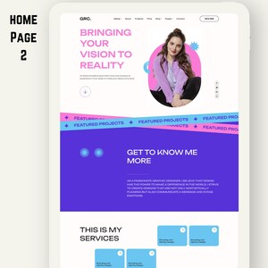 May include: A website homepage design on a tablet. The design features text in pink and white, a photo of a woman, and blue and purple accents. The text includes "Bringing Your Vision to Reality" and "Get to Know Me More."