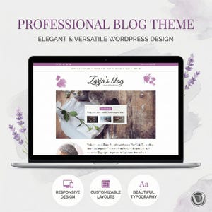 May include: A laptop displaying a website design with the text "PROFESSIONAL BLOG THEME" and "ELEGANT & VERSATILE WORDPRESS DESIGN". The website features the text "Zarja's blog" and icons for responsive design, customizable layouts, and beautiful typography. Lavender accents the design.