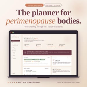 Può includere: Uno schermo di laptop mostra un pianificatore digitale per la perimenopausa. L'interfaccia mostra dati sanitari, tra cui peso, assunzione di proteine e durata del sonno. Il design è pulito, con il testo "The planner for perimenopause bodies."