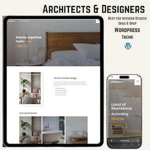 May include: A digital display of a website design for interior design services. The tablet and phone show the website's layout, with text that reads "Interior Expertise, Stylish Living" and "Land of Residence". The theme is for WordPress.