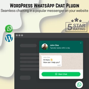 Könnte beinhalten: Ein Bild, das für ein WordPress WhatsApp Chat Plugin wirbt. Das Bild zeigt eine Chat-Oberfläche mit grünem und weißem Design, einschließlich des Textes "John Doe" und einer Sprechblase. Der Text "5 STAR RATING" ist ebenfalls sichtbar.
