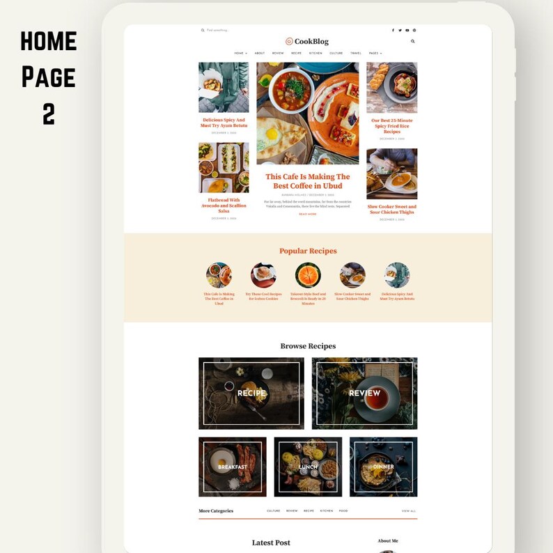 Peut inclure: Une tablette affiche la page d'accueil d'un site web, CookBlog. La page pr&eacute;sente des articles de recettes avec des images de plats, notamment du riz &eacute;pic&eacute; et du caf&eacute;. Les sections incluent "Recettes populaires" et "Parcourir les recettes".