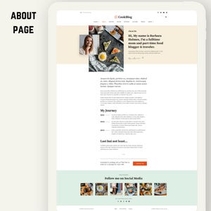 Peut inclure: Une page de site web affich&eacute;e sur une tablette, avec le texte "About Page" et "CookBlog". La page comprend une section "About Me" avec une photo et du texte. D'autres sections sont intitul&eacute;es "My Journey" et "Last but not least..." avec des ic&ocirc;nes de m&eacute;dias sociaux.