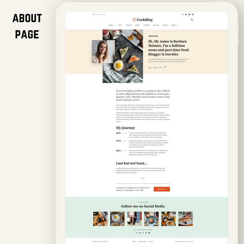 Peut inclure: Une page de site web affich&eacute;e sur une tablette, avec le texte "About Page" et "CookBlog". La page comprend une section "About Me" avec une photo et du texte. D'autres sections sont intitul&eacute;es "My Journey" et "Last but not least..." avec des ic&ocirc;nes de m&eacute;dias sociaux.