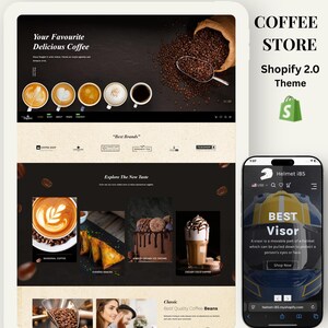 May include: A website design for a coffee store, displayed on a tablet and a smartphone. The tablet shows a coffee shop website with coffee cups, beans, and text. The smartphone displays a helmet visor with the text "BEST Visor".
