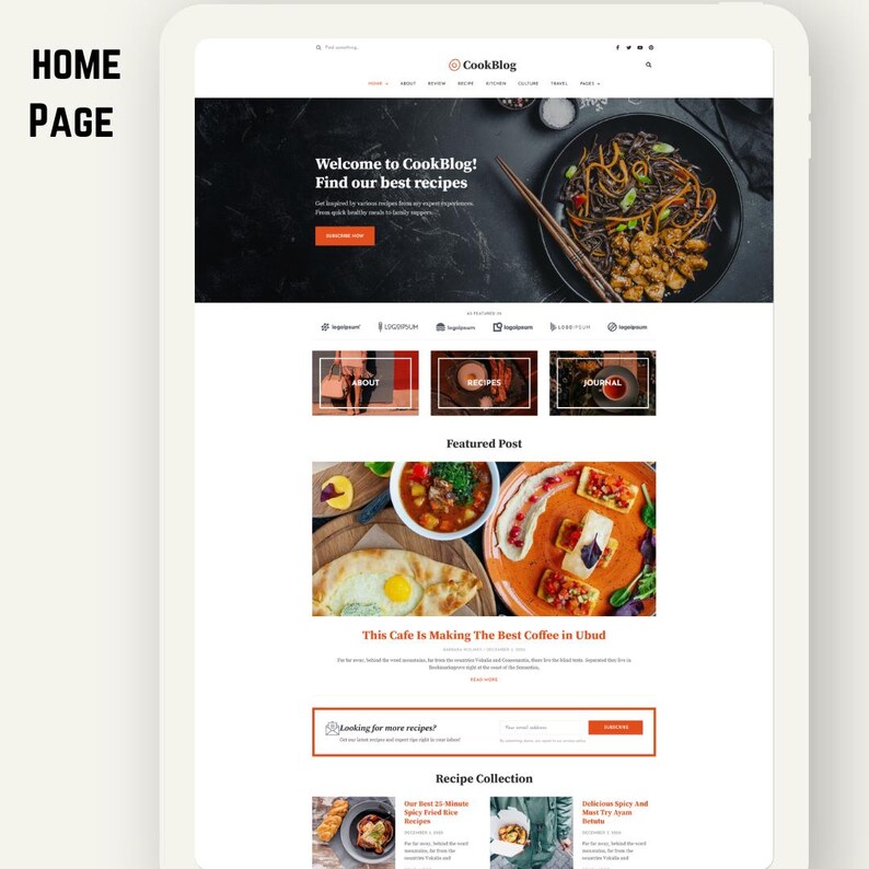 Peut inclure: Page d'accueil d'un site web sur une tablette. Le site CookBlog pr&eacute;sente un en-t&ecirc;te sombre avec du texte et une photo de nourriture. Des sections pour &Agrave; propos, Recettes et Journal sont visibles. Un article en vedette met en avant un caf&eacute; &agrave; Ubud. La page comprend une collection de recettes.