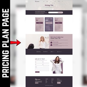 May include: A website page titled "Pricing Plan" with three pricing tiers displayed in purple and white boxes. The page also includes a section with the text "We're Here To Make Your Dreams Come True" and a contact form.
