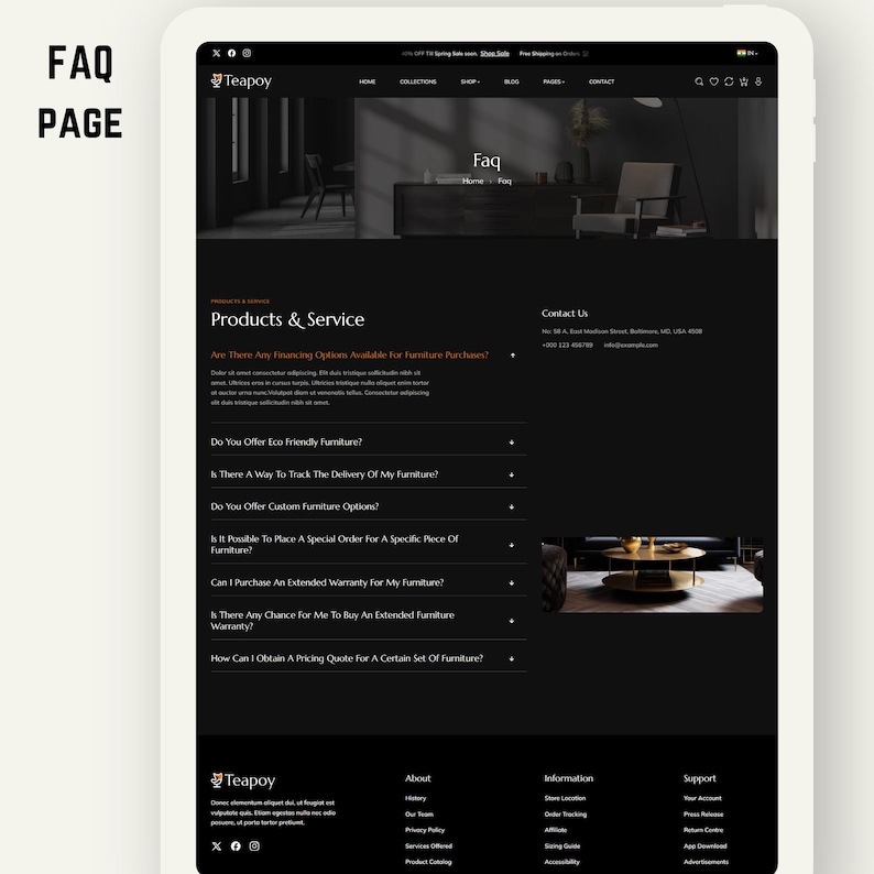 K&ouml;nnte beinhalten: Eine FAQ-Seite f&uuml;r Teapoy, ein M&ouml;belgesch&auml;ft, wird auf einem Tablet angezeigt. Die Seite ist in Schwarz und Wei&szlig; gehalten und enth&auml;lt Abschnitte f&uuml;r Produkte und Dienstleistungen, Kontaktinformationen und Links zu anderen Seiten. Der Text umfasst Fragen zu Finanzierung und Sonderanfertigungen.