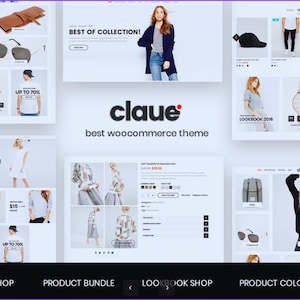 May include: A website design showcasing a fashion e-commerce theme. The design includes product displays, promotional banners, and the brand name "claue". Featured items include clothing, accessories, and a watch. The website layout is clean and modern, with a focus on visual appeal.