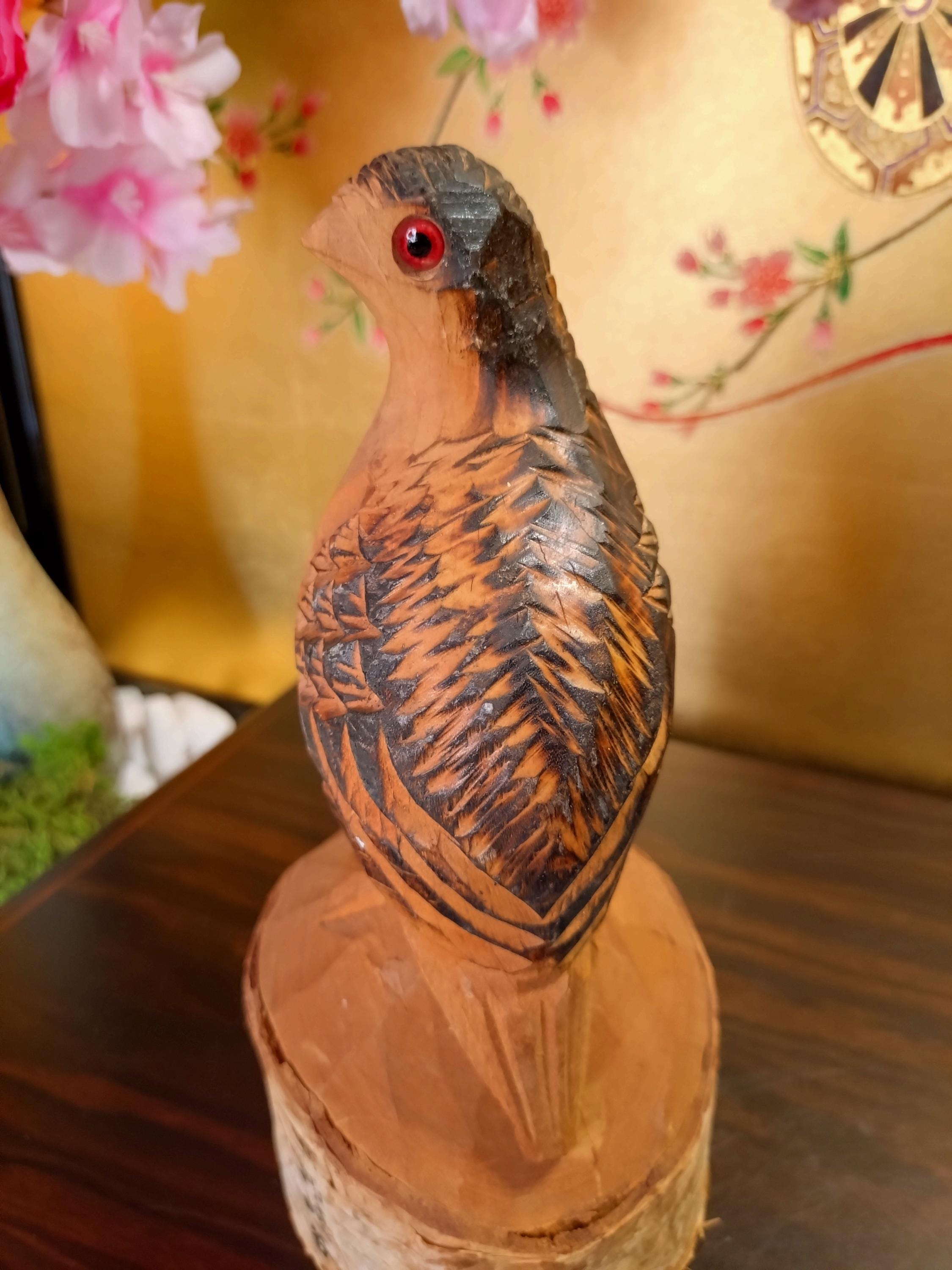 手彫りのヴィンテージライチョウの彫刻 |一刀彫の木製鳥の置物 |レアな