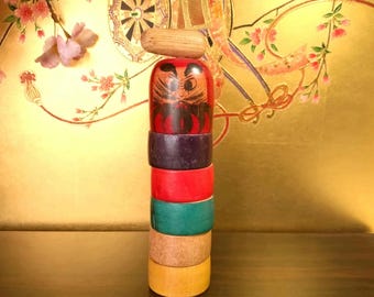 Vintage Japanese Daruma Otoshi Wooden Kokeshi Doll // Block Stack