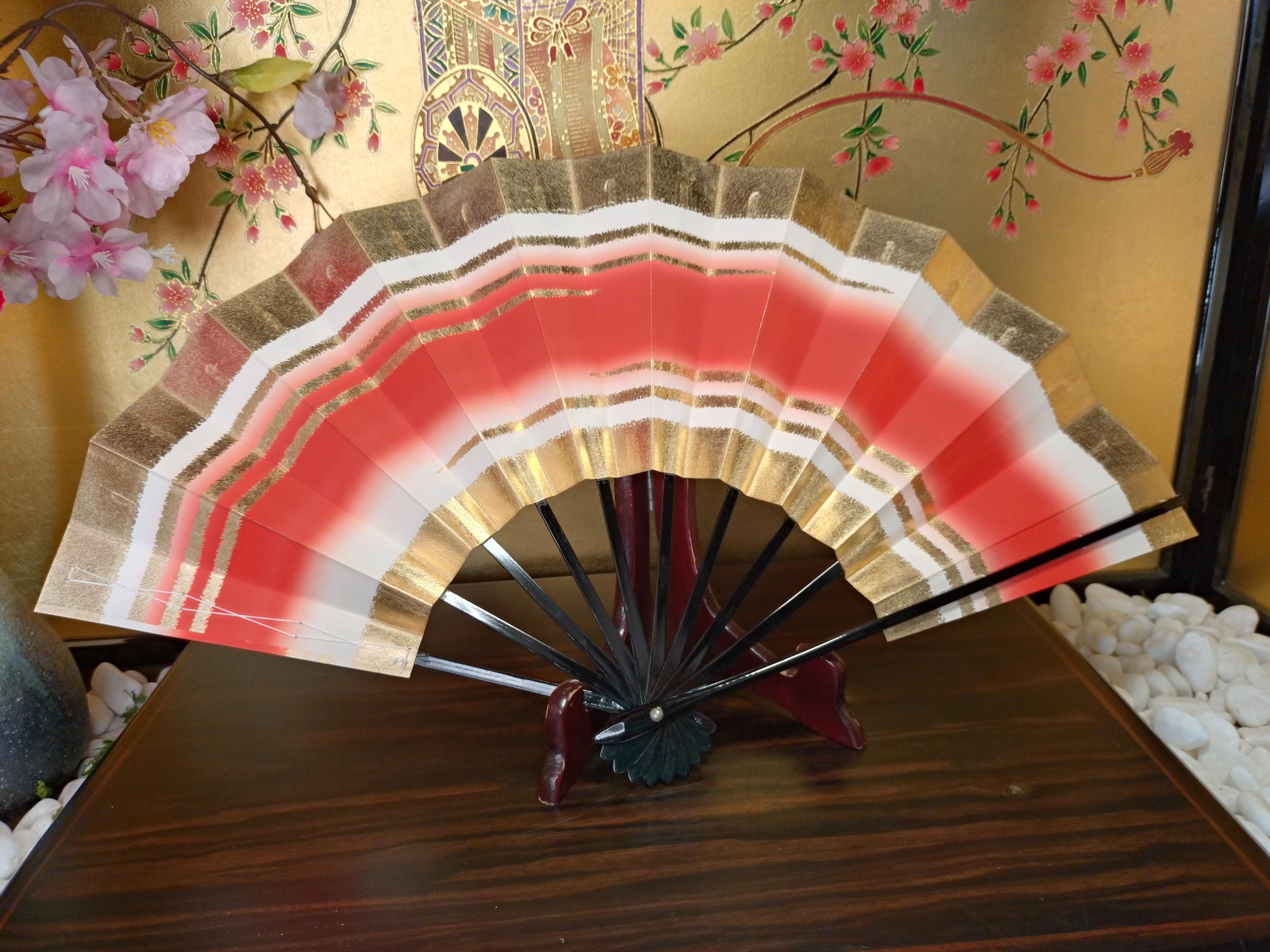 扇子　Sensu ALICE SYNDROME Vintage Japanese Sensu Fan: Red, White & Gold Striped Folding Fan