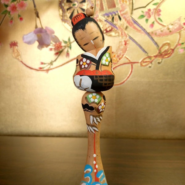 1960s Vintage Japanese Kokeshi Doll by Yukio Hosaka: Hand-Painted Kimono Folk Art