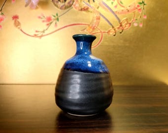 ヴィンテージ陶器花瓶 – 青と黒の釉薬をかけた陶器 – 小さな生け花用
