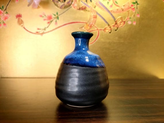 ヴィンテージ陶器花瓶 – 青と黒の釉薬をかけた陶器 – 小さな生け花用 