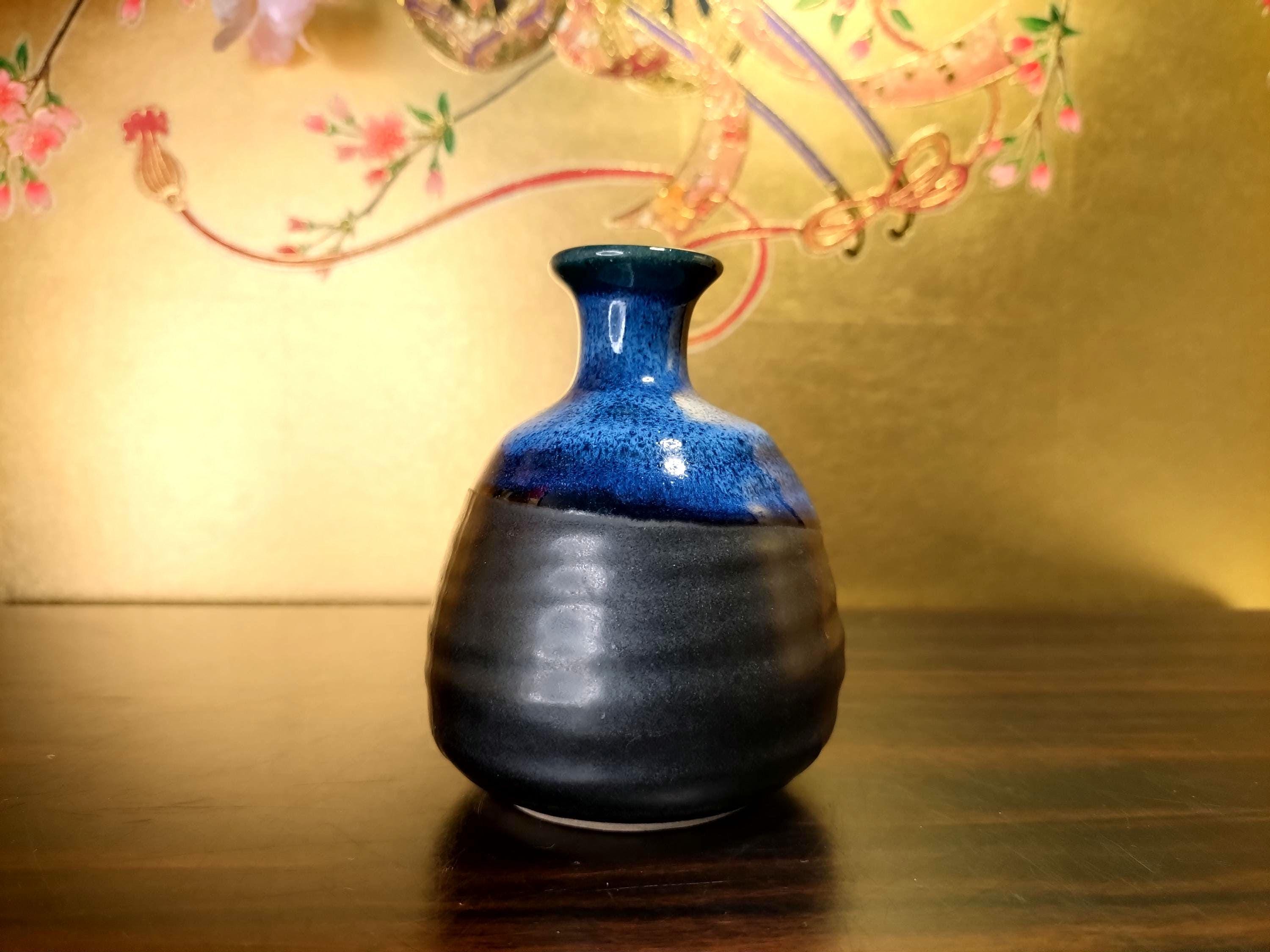 ヴィンテージ陶器花瓶 – 青と黒の釉薬をかけた陶器 – 小さな生け花用