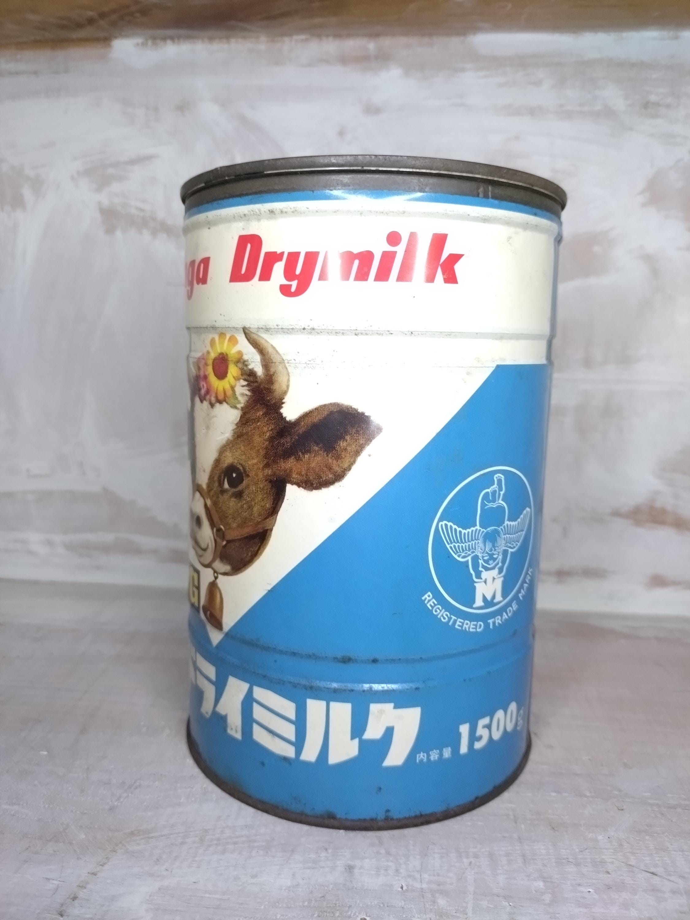 1950年代のヴィンテージ森永ドライミルク缶 – レトロな牛柄の日本製缶
