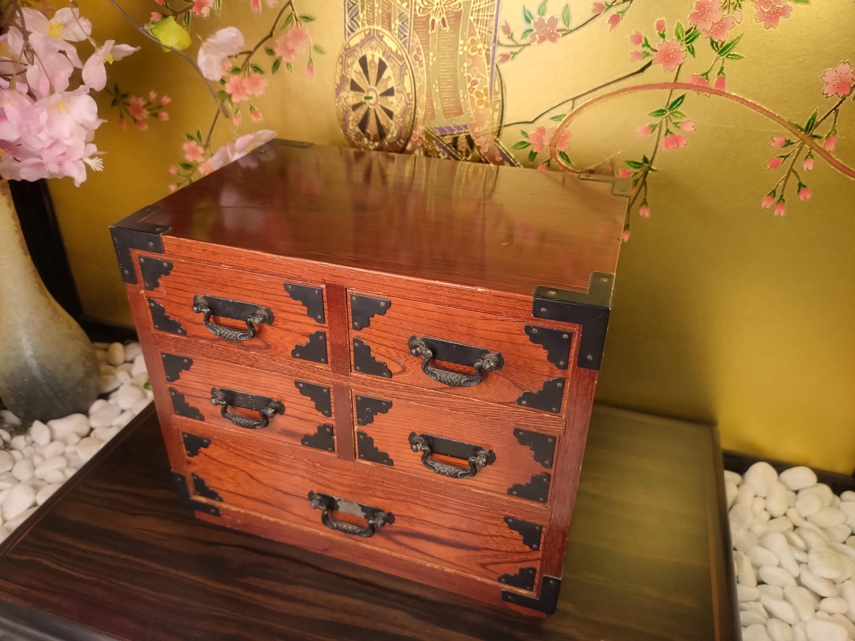 置物 nashu4mama Vintage Japanese Tansu Chest, Small Wooden Drawer Cabinet, Iron
