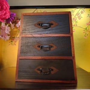 Vintage Japanese Trapezoid Wooden Chest of Drawers – 3-Tier Black and Brown Tansu Storage Box
