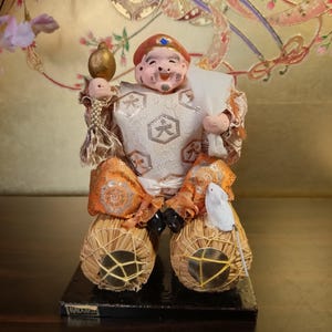 Vintage Japanese Daikokuten Figurine with Mouse on Rice Bales | Lucky God of Wealth Statue | Traditional Handmade Ornament
