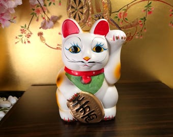 Vintage Maneki Neko Lucky Cat Coin Bank With Senmanryo Gold Coin
