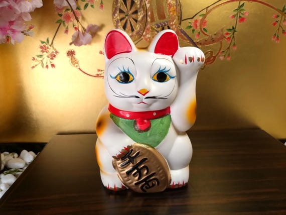 Vintage Maneki Neko Lucky Cat Coin Bank With Senmanryo Gold Coin