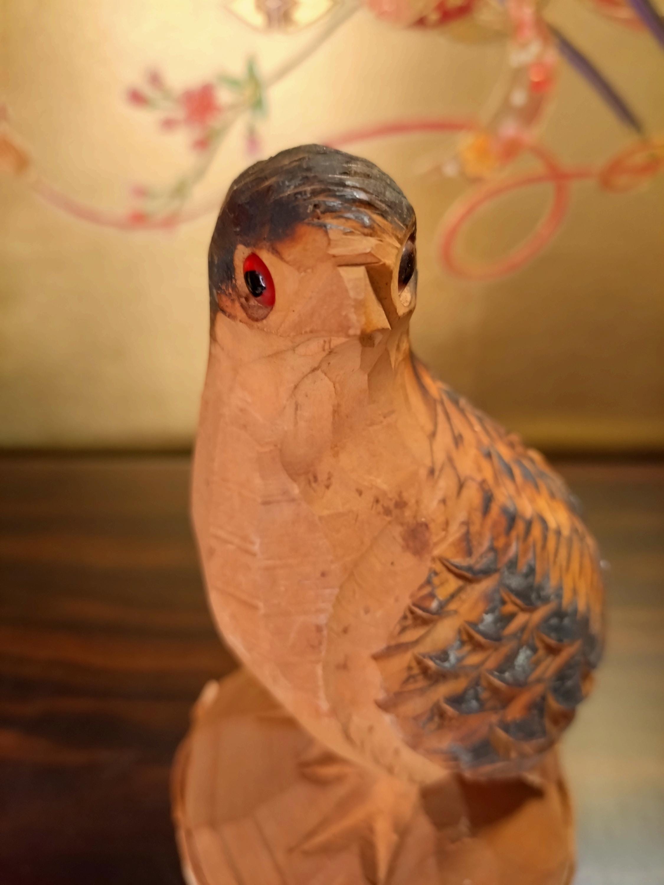 ヴィンテージの手彫り木製ライチョウの彫刻｜日本の民芸品鳥の置物